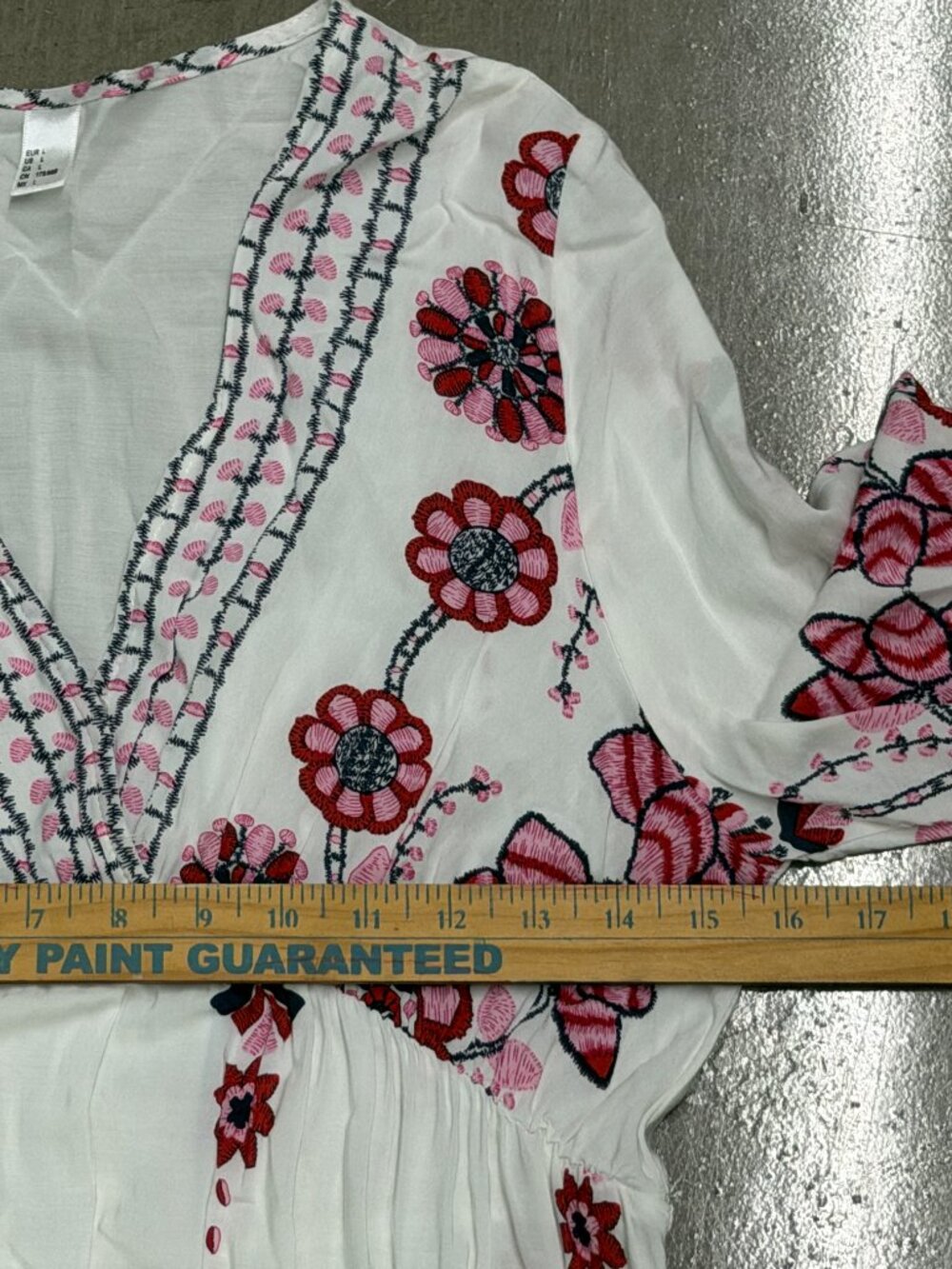 Boho Floral Embroidered Maxi Dress Womens L V-Neck Bell Sleeve Cotton 0103 - Picture 7 of 7